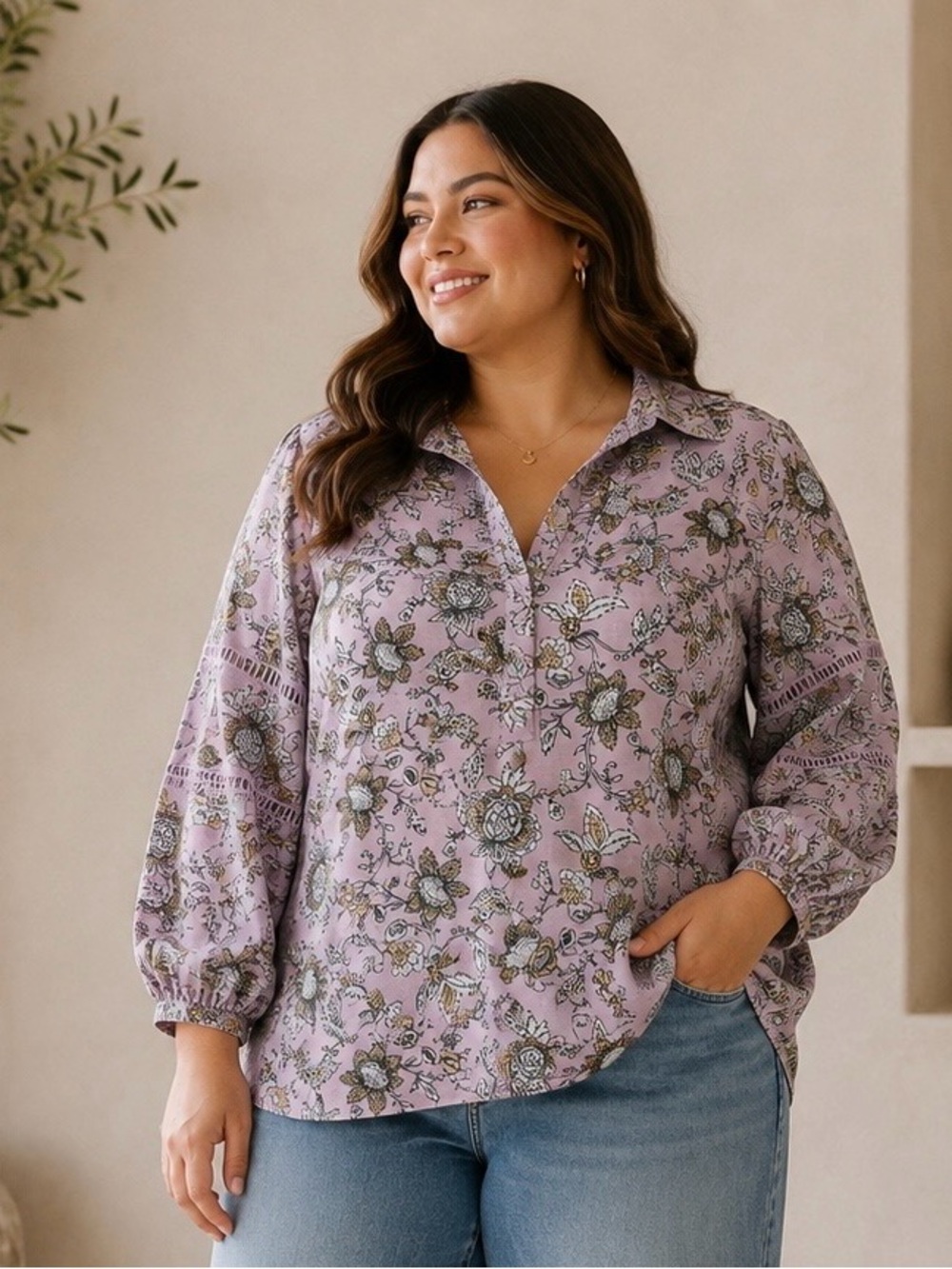 Lane Bryant Floral Paisley Button Front Blouse Lavender 18/20 100% Cotton